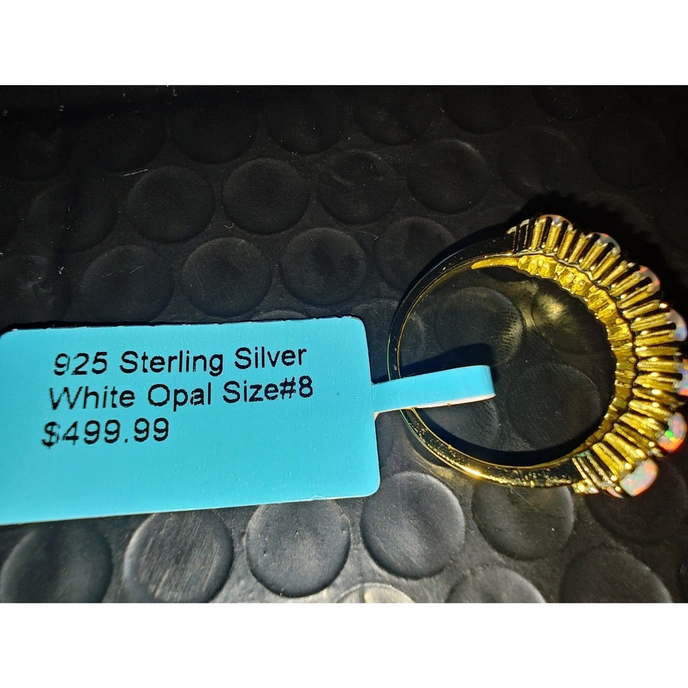 Ring 925 Sterling Silver White Opal Gold Tone Multi Stone Band Size 8 - Picture 2 of 6
